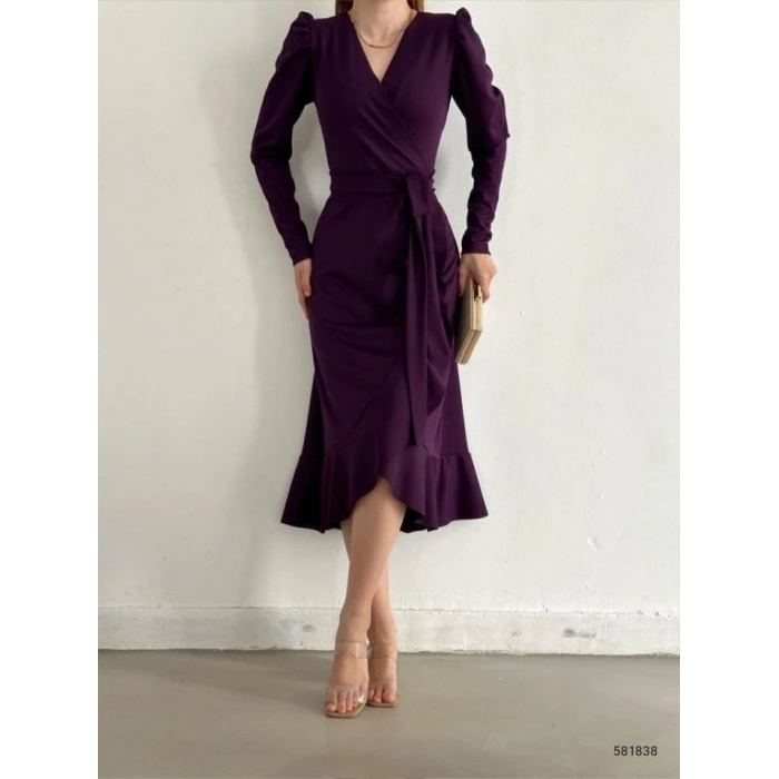 MARSiLYAN- Krep Kumaş Midi Boy Kuşaklı Uzunkol Elbise