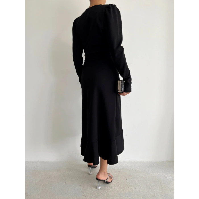 MARSiLYAN- Krep Kumaş Midi Boy Kuşaklı Uzunkol Elbise 113 Cm