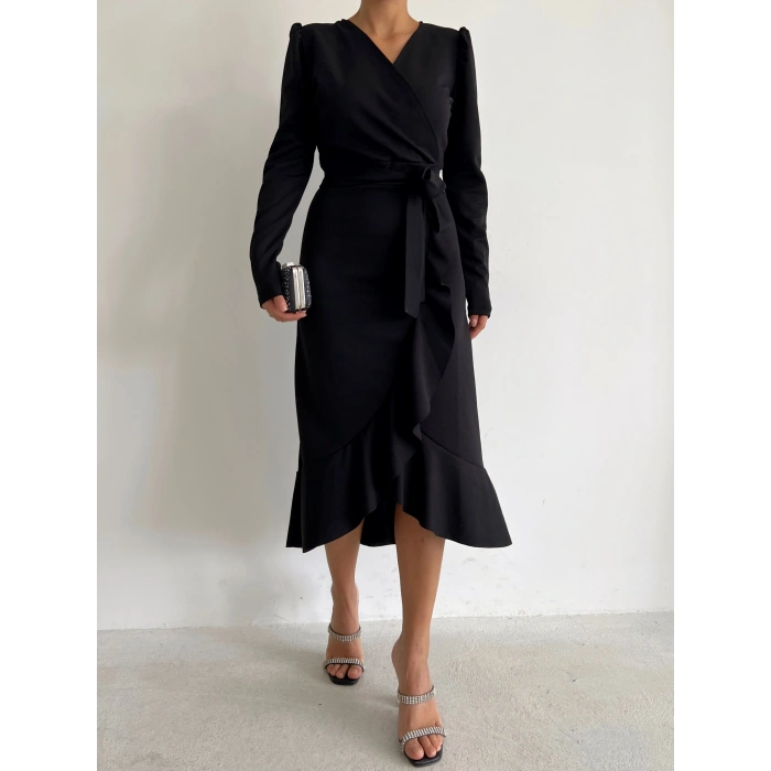 MARSiLYAN- Krep Kumaş Midi Boy Kuşaklı Uzunkol Elbise 113 Cm