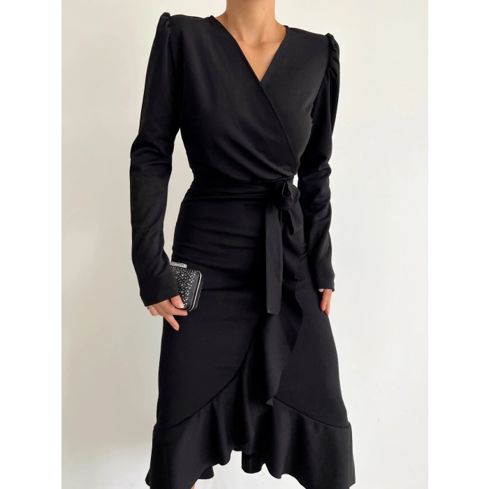 MARSiLYAN- Krep Kumaş Midi Boy Kuşaklı Uzunkol Elbise 113 Cm