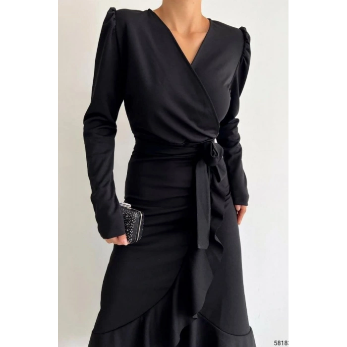 MARSiLYAN- Krep Kumaş Midi Boy Kuşaklı Uzunkol Elbise 113 Cm