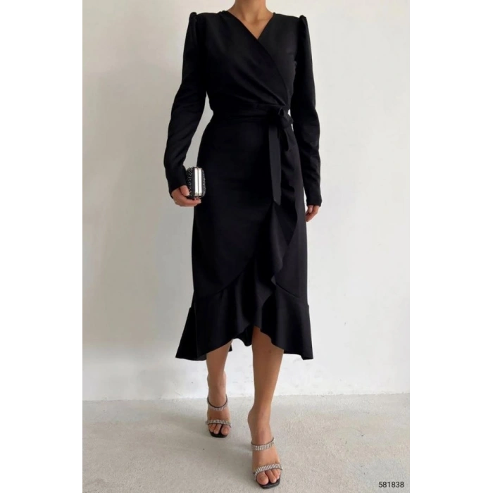 MARSiLYAN- Krep Kumaş Midi Boy Kuşaklı Uzunkol Elbise 113 Cm