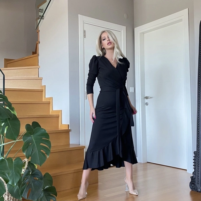 MARSiLYAN- Krep Kumaş Midi Boy Kuşaklı Uzunkol Elbise 113 Cm