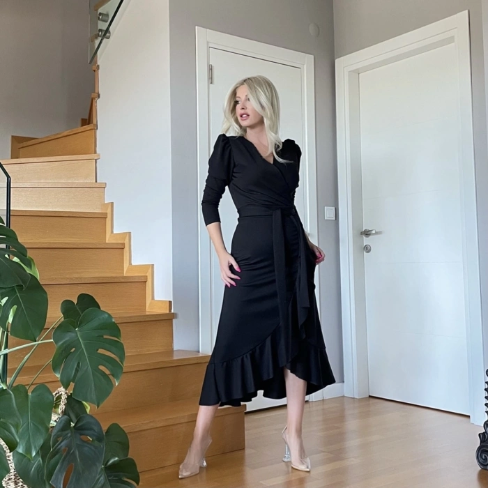 MARSiLYAN- Krep Kumaş Midi Boy Kuşaklı Uzunkol Elbise 113 Cm