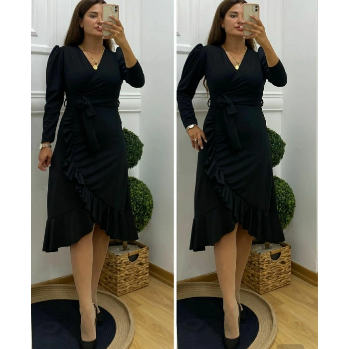 MARSiLYAN- Krep Kumaş Midi Boy Kuşaklı Uzunkol Elbise 113 Cm