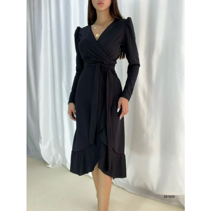 MARSiLYAN- Krep Kumaş Midi Boy Kuşaklı Uzunkol Elbise 113 Cm