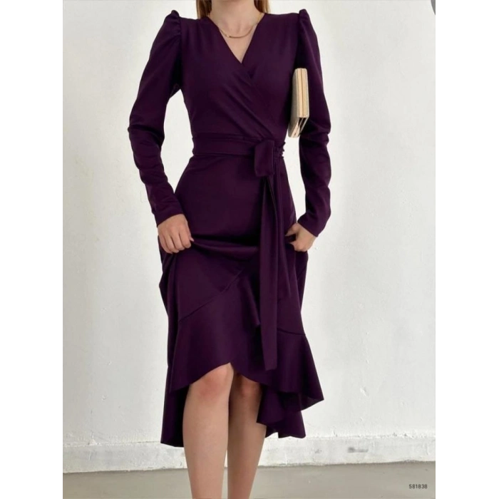 MARSiLYAN- Krep Kumaş Midi Boy Kuşaklı Uzunkol Elbise