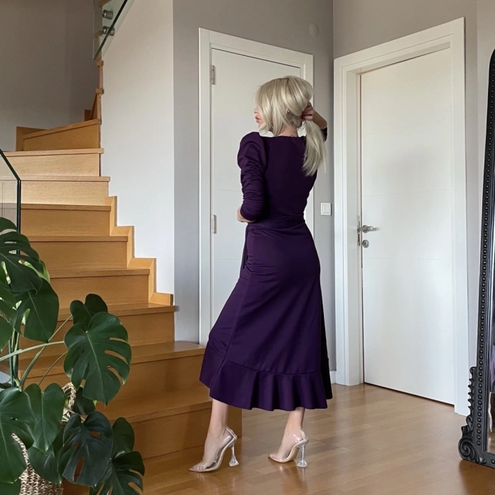 MARSiLYAN- Krep Kumaş Midi Boy Kuşaklı Uzunkol Elbise