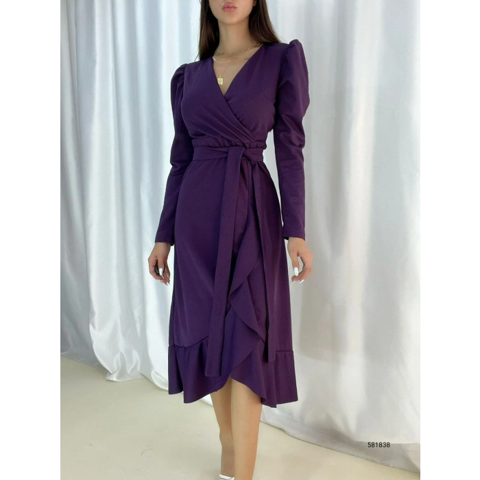 MARSiLYAN- Krep Kumaş Midi Boy Kuşaklı Uzunkol Elbise