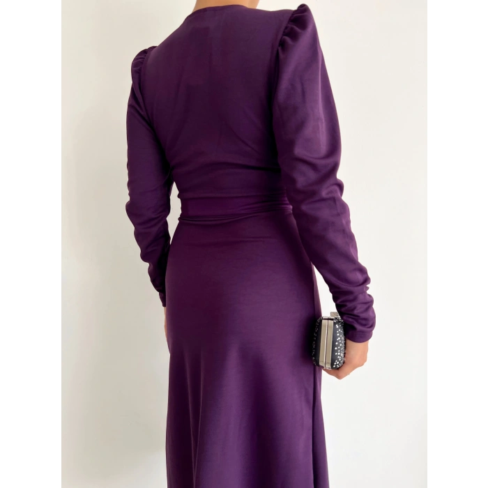 MARSiLYAN- Krep Kumaş Midi Boy Kuşaklı Uzunkol Elbise