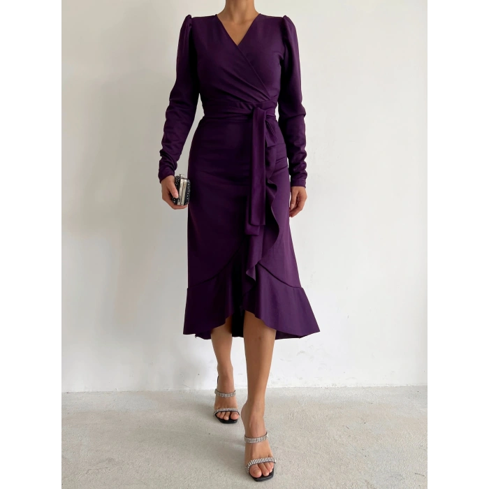 MARSiLYAN- Krep Kumaş Midi Boy Kuşaklı Uzunkol Elbise