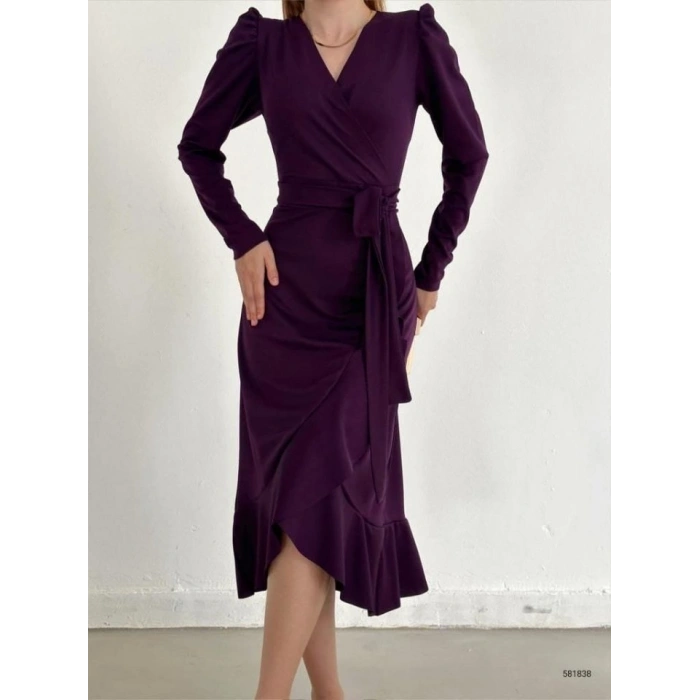 MARSiLYAN- Krep Kumaş Midi Boy Kuşaklı Uzunkol Elbise