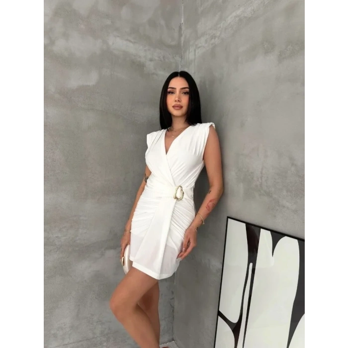 MARSiLYAN- Kruvaze Drapeli Tokalı Mini Elbise Şık Gece Davet Abiye - Beyaz
