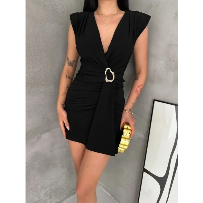 MARSiLYAN- Kruvaze Drapeli Tokalı Mini Elbise Şık Gece Davet Abiye - Siyah