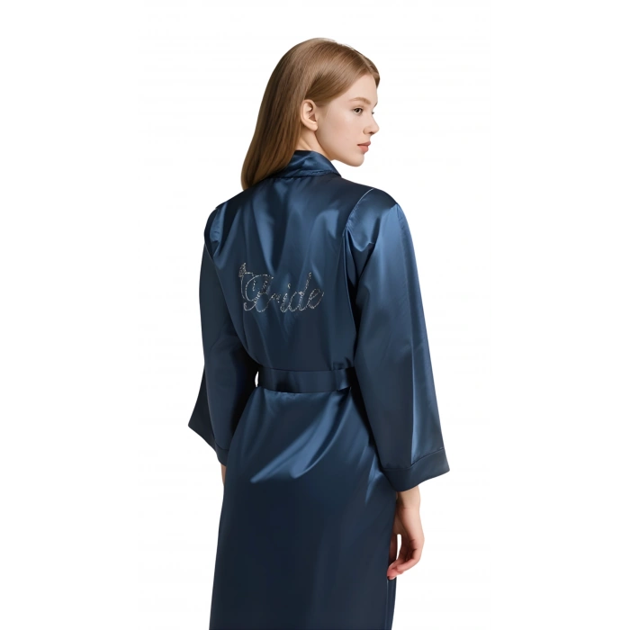 MARSiLYAN-  Lacivert Saten Bride Sabahlık Zarif Kadın Ev Giyim