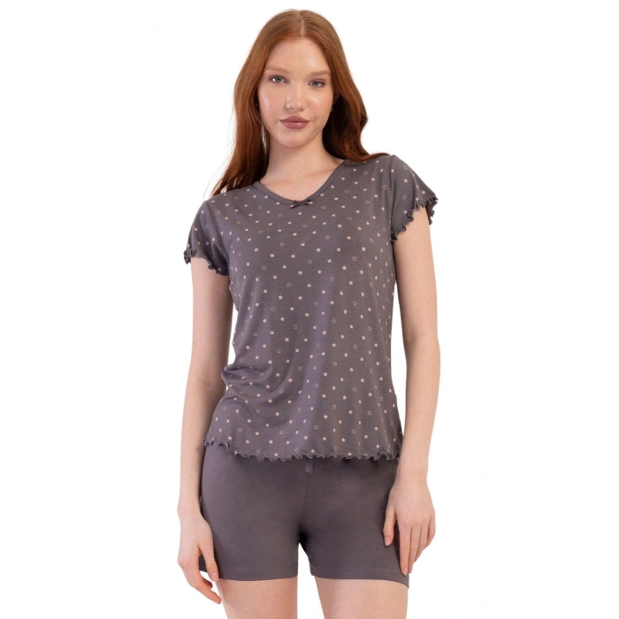 MARSiLYAN- Likralı Viskon Battal V Yaka Kısa Kol Eteği Oval Ş