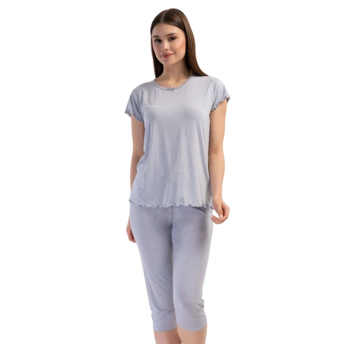 MARSiLYAN- Likralı Viskon V Yaka Kısa Kol Eteği Oval Kapri Ta