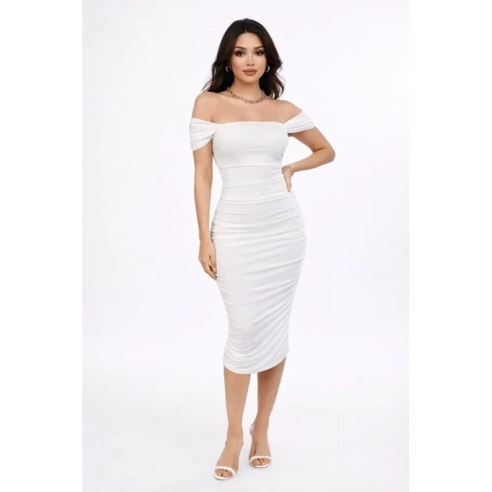 MARSiLYAN- Madonna Yaka Drapeli Midi Elbise Likralı Vücuda Oturan Davet Elbisesi - Beyaz