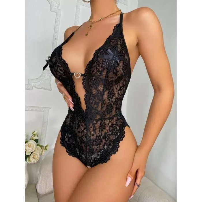 MARSiLYAN- Metal Kalp Aksesuarlı Fantezi Dantelli Siyah Body