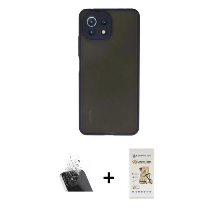 MARSİLYAN™- Mİ 11 Lite Kılıf Ahenk Çizgi Serisi - Siyah Mat Seramik Nano Ekran Koruyucu + Kamera Lens Koruma Cam - SF