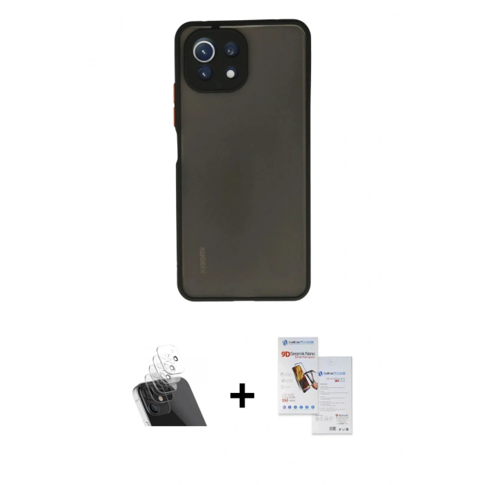 MARSİLYAN™- Mİ 11 Lite Kılıf Ahenk Çizgi Serisi - Siyah Seramik Nano Ekran Koruyucu + Kamera Lens Koruma Cam - SF