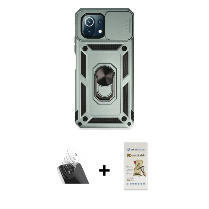 MARSİLYAN™- Mİ 11 Lite Kılıf Ahenk Klasik - Siyah Mat Seramik Nano Ekran Koruyucu + Kamera Lens Koruma Cam - SF
