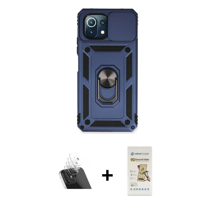 MARSİLYAN™- Mİ 11 Lite Kılıf Ahenk Klasik - Siyah Mat Seramik Nano Ekran Koruyucu + Kamera Lens Koruma Cam - SF