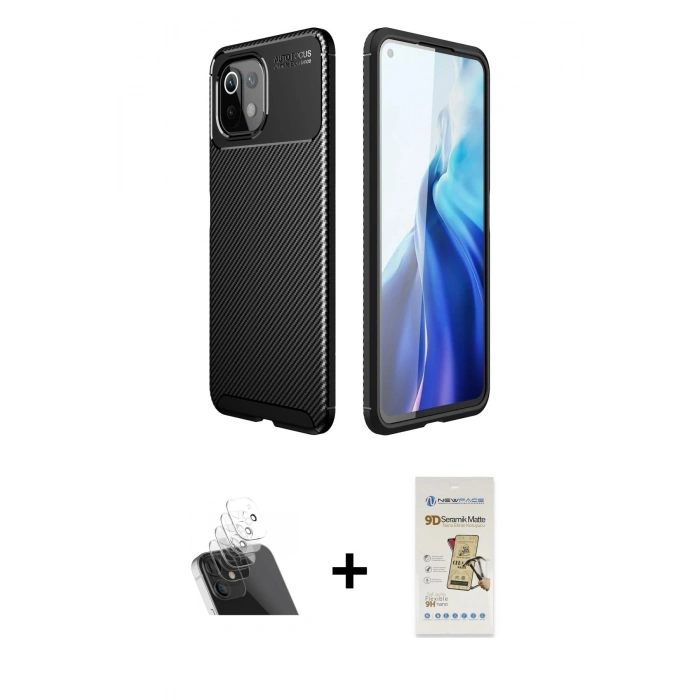 MARSİLYAN™- Mİ 11 Lite Kılıf Eksen Form Prime - Siyah Mat Seramik Nano Ekran Koruyucu + Kamera Lens Koruma Cam - SF