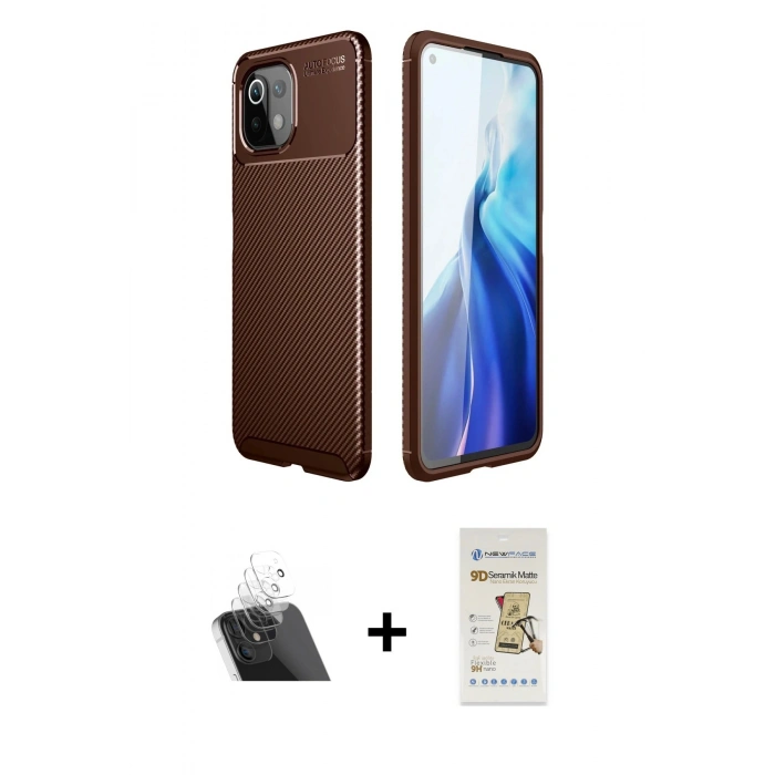 MARSİLYAN™- Mİ 11 Lite Kılıf Eksen Form Prime - Siyah Mat Seramik Nano Ekran Koruyucu + Kamera Lens Koruma Cam - SF