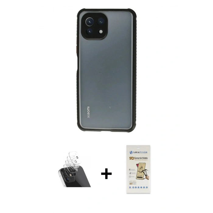 MARSİLYAN™- Mİ 11 Lite Kılıf Nova Asil Özel Seri - Siyah Mat Seramik Nano Ekran Koruyucu + Kamera Lens Koruma Cam - SF