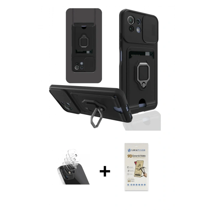MARSİLYAN™- Mİ 11 Lite Kılıf Vadi Form Prime - Siyah Mat Seramik Nano Ekran Koruyucu + Kamera Lens Koruma Cam - SF