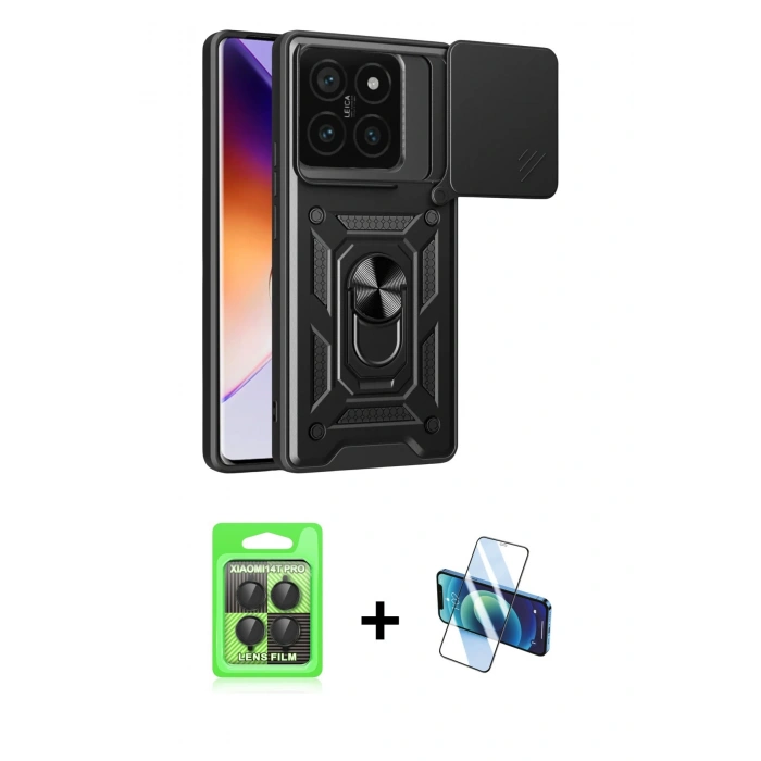 MARSİLYAN™- Mi 14T Pro Kılıf Ahenk Klasik - Siyah 3D Antistatik Seramik Nano Ekran Koruyucu + Raze Metal Kamera Lens - SH