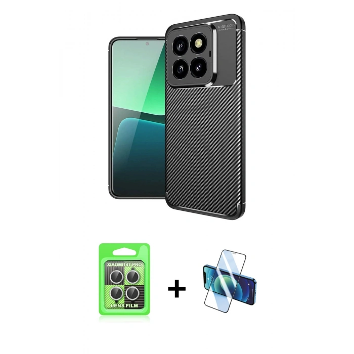 MARSİLYAN™- Mi 14T Pro Kılıf Eksen Form Prime - Siyah 3D Antistatik Seramik Nano Ekran Koruyucu + Raze Metal Kamera Lens - GS