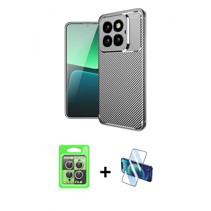 MARSİLYAN™- Mi 14T Pro Kılıf Eksen Form Prime - Siyah 3D Antistatik Seramik Nano Ekran Koruyucu + Raze Metal Kamera Lens - GS