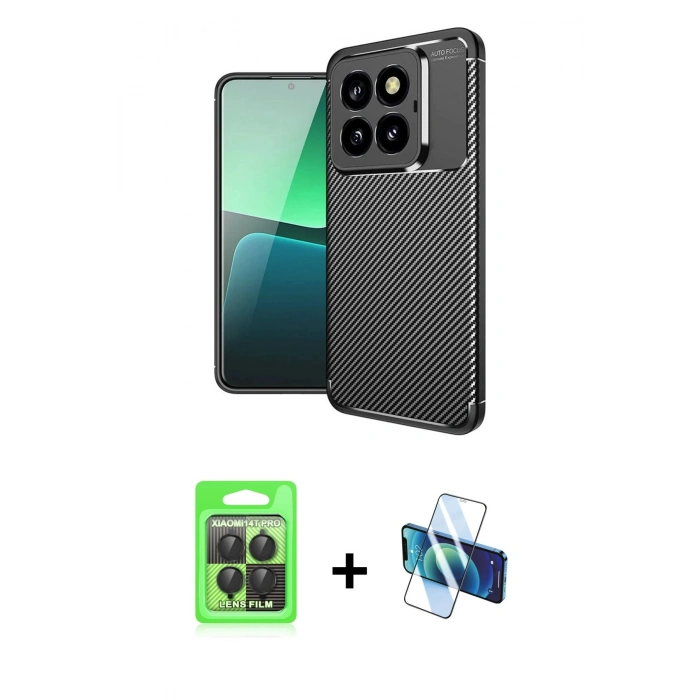 MARSİLYAN™- Mi 14T Pro Kılıf Eksen Form Prime - Siyah 3D Antistatik Seramik Nano Ekran Koruyucu + Raze Metal Kamera Lens - SH