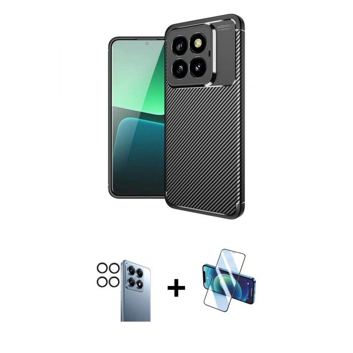 MARSİLYAN™- Mi 14T Pro Kılıf Eksen Form Prime - Siyah 3D Antistatik Seramik Nano Ekran Koruyucu + PVD Metal Kamera Lens - SH