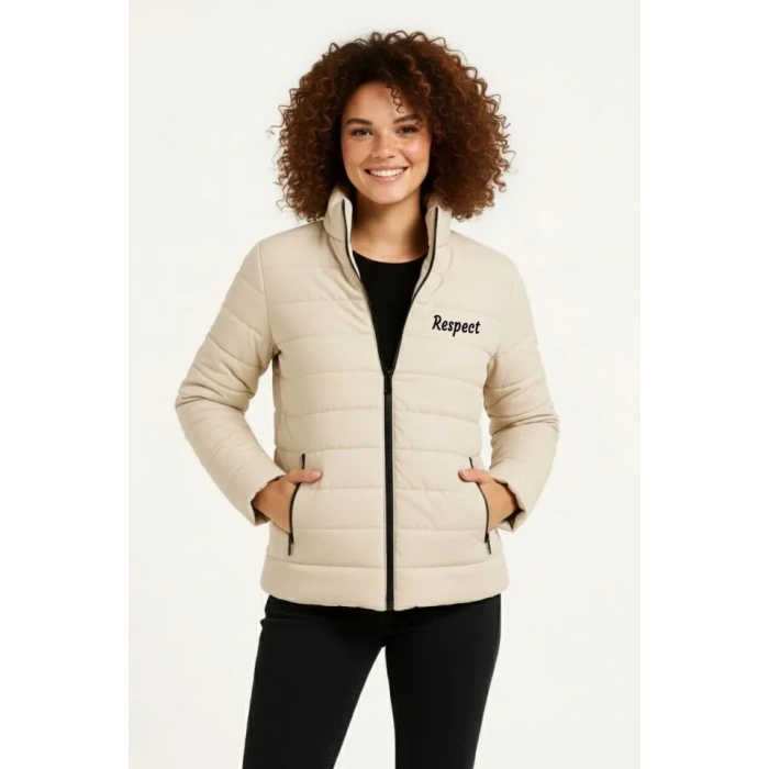 MARSiLYAN- Mikro Su İtici Kapitone Baskılı Astarlı Fermuarlı Bomber Mont - Bej