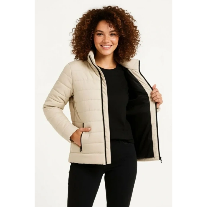 MARSiLYAN- Mikro Su İtici Kapitone Baskılı Astarlı Fermuarlı Bomber Mont - Bej