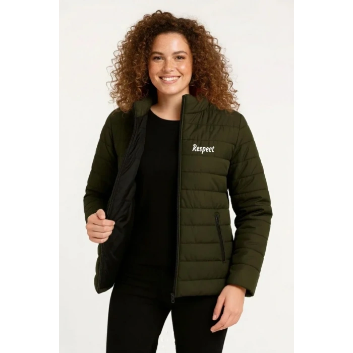 MARSiLYAN- Mikro Su İtici Kapitone Baskılı Astarlı Fermuarlı Bomber Mont - Haki