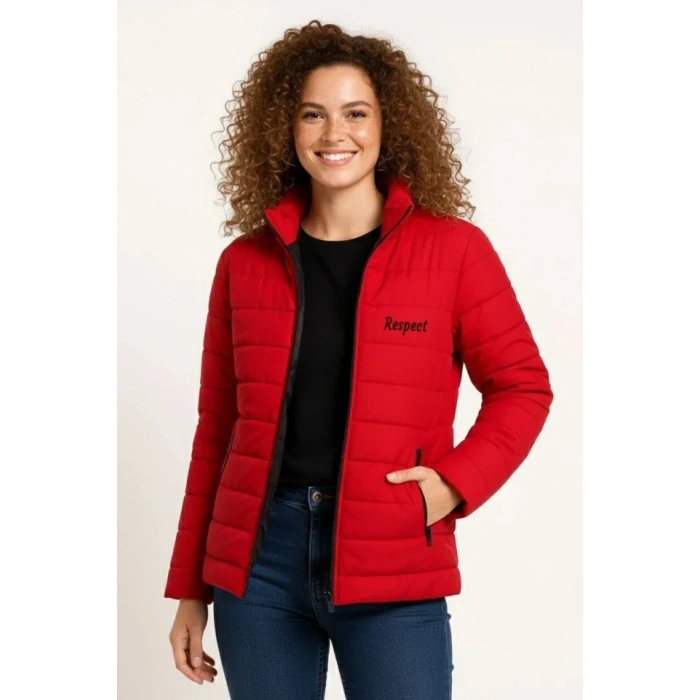 MARSiLYAN- Mikro Su İtici Kapitone Baskılı Astarlı Fermuarlı Bomber Mont - Kırmızı