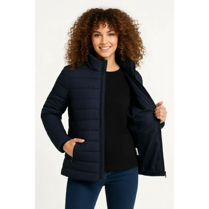 MARSiLYAN- Mikro Su İtici Kapitone Baskılı Astarlı Fermuarlı Bomber Mont - Lacivert