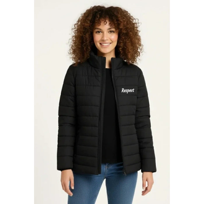 MARSiLYAN- Mikro Su İtici Kapitone Baskılı Astarlı Fermuarlı Bomber Mont - Siyah