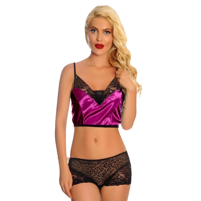 MARSİLYAN- Mor Saten Dantelli Babydoll Şortlu Takım - 287