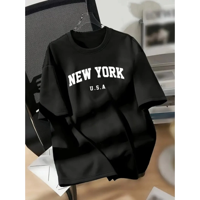 MARSiLYAN- New York Baskılı Oversize Bisiklet Yaka Tshirt