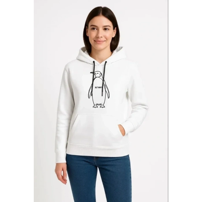 MARSiLYAN- Nihilist Penguen Özel Tasarım Oversize Kapüşonlu Sweatshirt - Beyaz