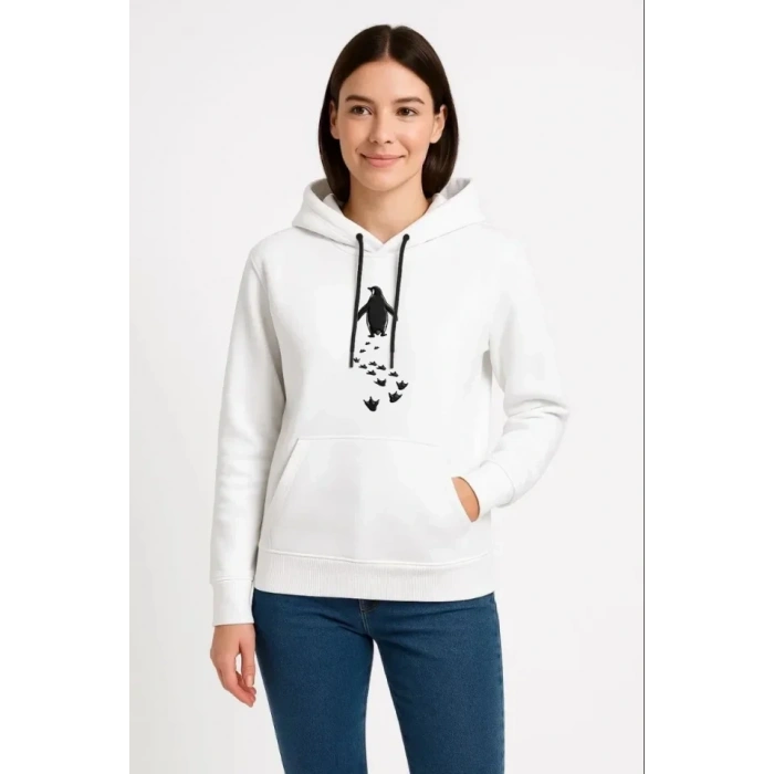MARSiLYAN- Nihilist Penguen Temalı Oversize Kapüşonlu Sweatshirt - Beyaz