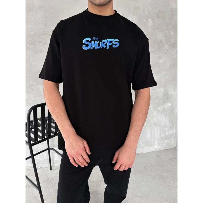 MARSiLYAN- Ön Ve Arka Baskılı Oversize Bisiklet Yaka T-shirt- Siyah