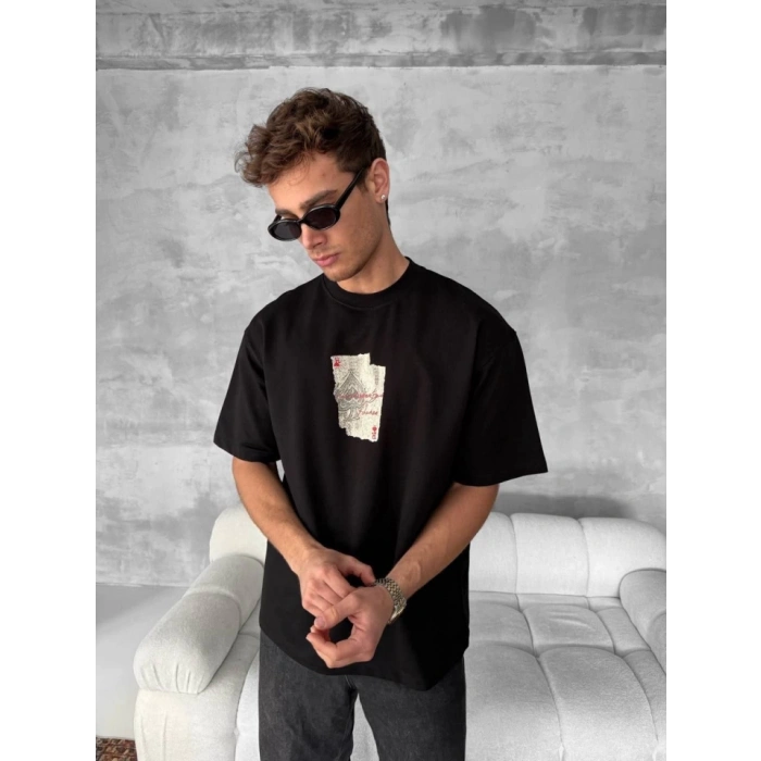 MARSiLYAN- Ön Ve Arka Baskılı Oversize Bisiklet Yaka T-shirt - Siyah