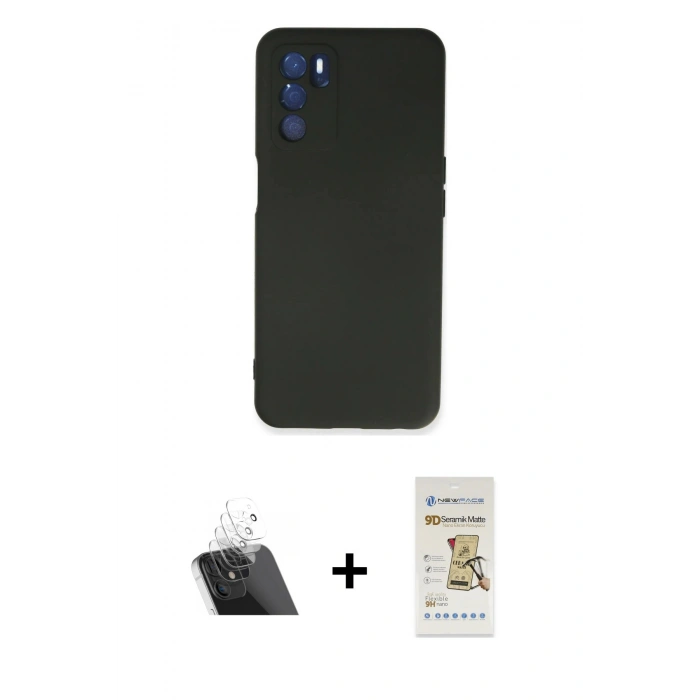 MARSİLYAN™- Oppo A16 Kılıf Ahenk Serisi - Siyah Mat Seramik Nano Ekran Koruyucu + Kamera Lens Koruma Cam - SF