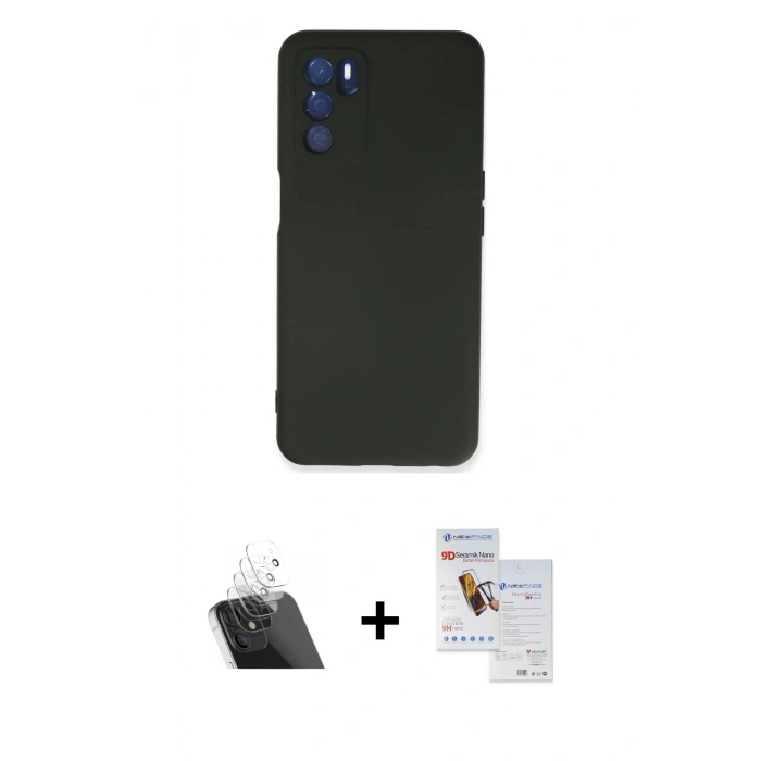 MARSİLYAN™- Oppo A16 Kılıf Ahenk Serisi - Siyah Seramik Nano Ekran Koruyucu + Kamera Lens Koruma Cam - SF